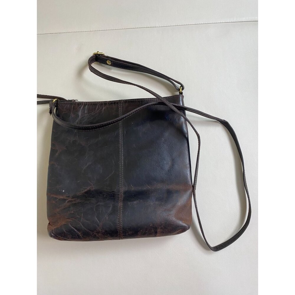 Estalon Brown Leather Crossbody Bag Zip Adjustable Strap OS 9"X 9" Boho Rustic - Picture 2 of 16